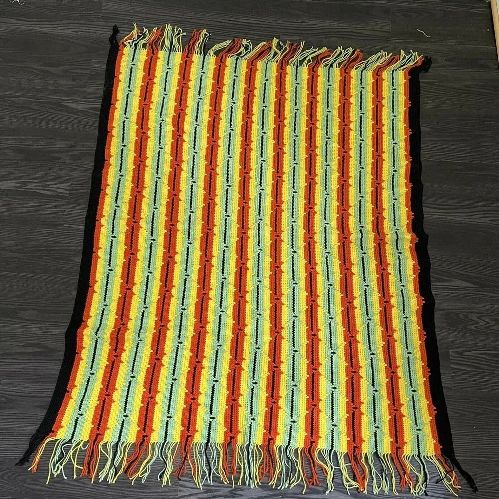 Crochet Throw Afghan Blanket Textured 49.5 x 59 Green Orange Yellow Black MCM